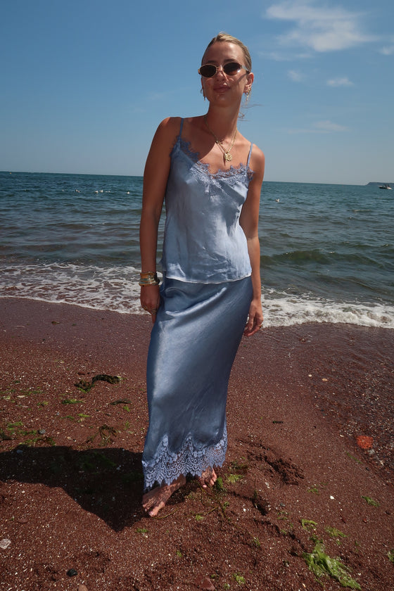 IMAAN LACE TRIM SKIRT- DENIM